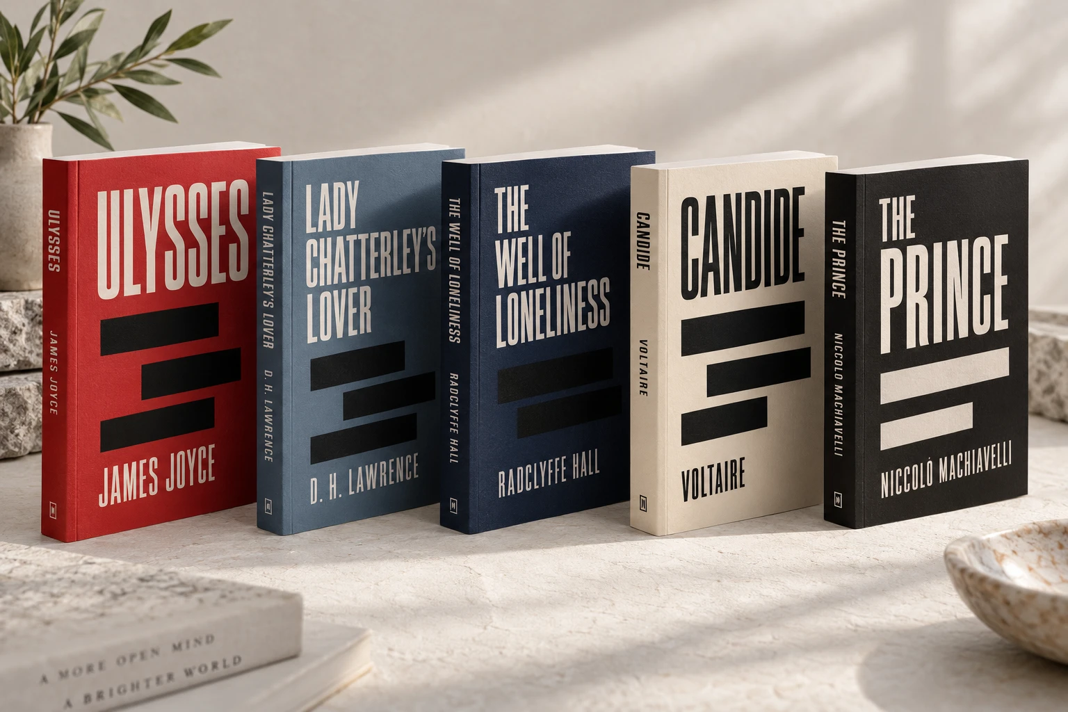 Illustrative hardcover designs for Ulysses, Lady Chatterley’s Lover, The Well of Loneliness, Candide and The Prince